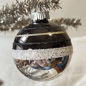 Radko Shiny Brite Glitter Striped Ornament‎ Ball Black Gold Halloween Mcm
